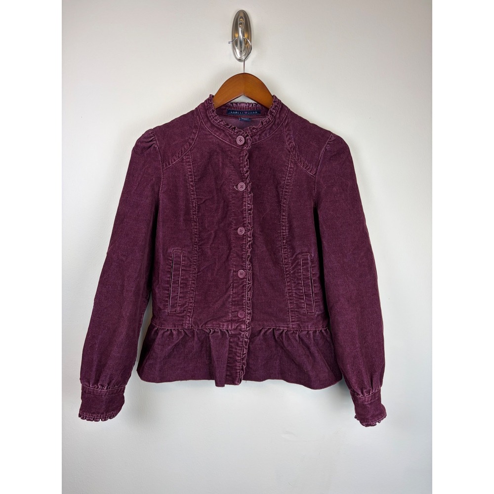 Ashley Judd Corduroy Jacket Small Purple Ruffle Peplum Button Up Y2K Blazer